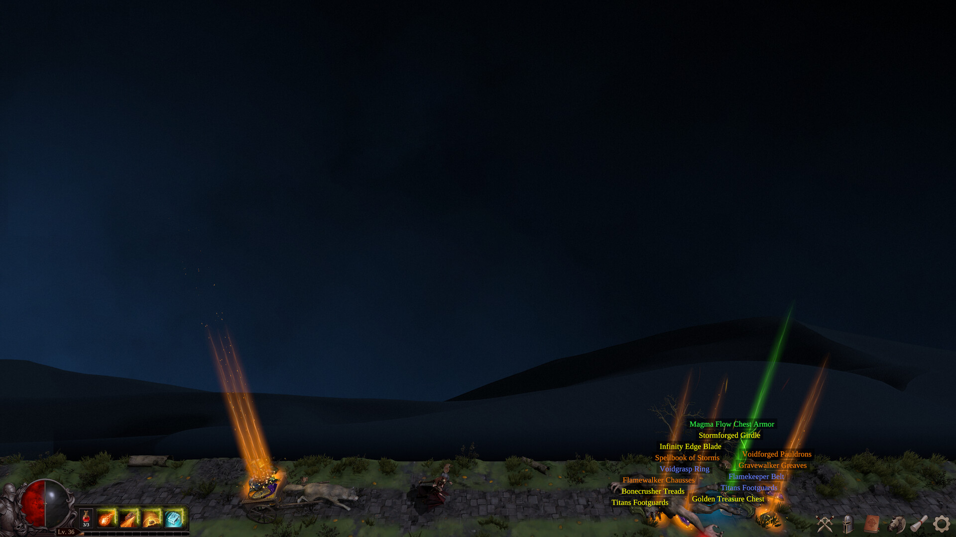 Item labels and coloured loot beams in the combat strip.