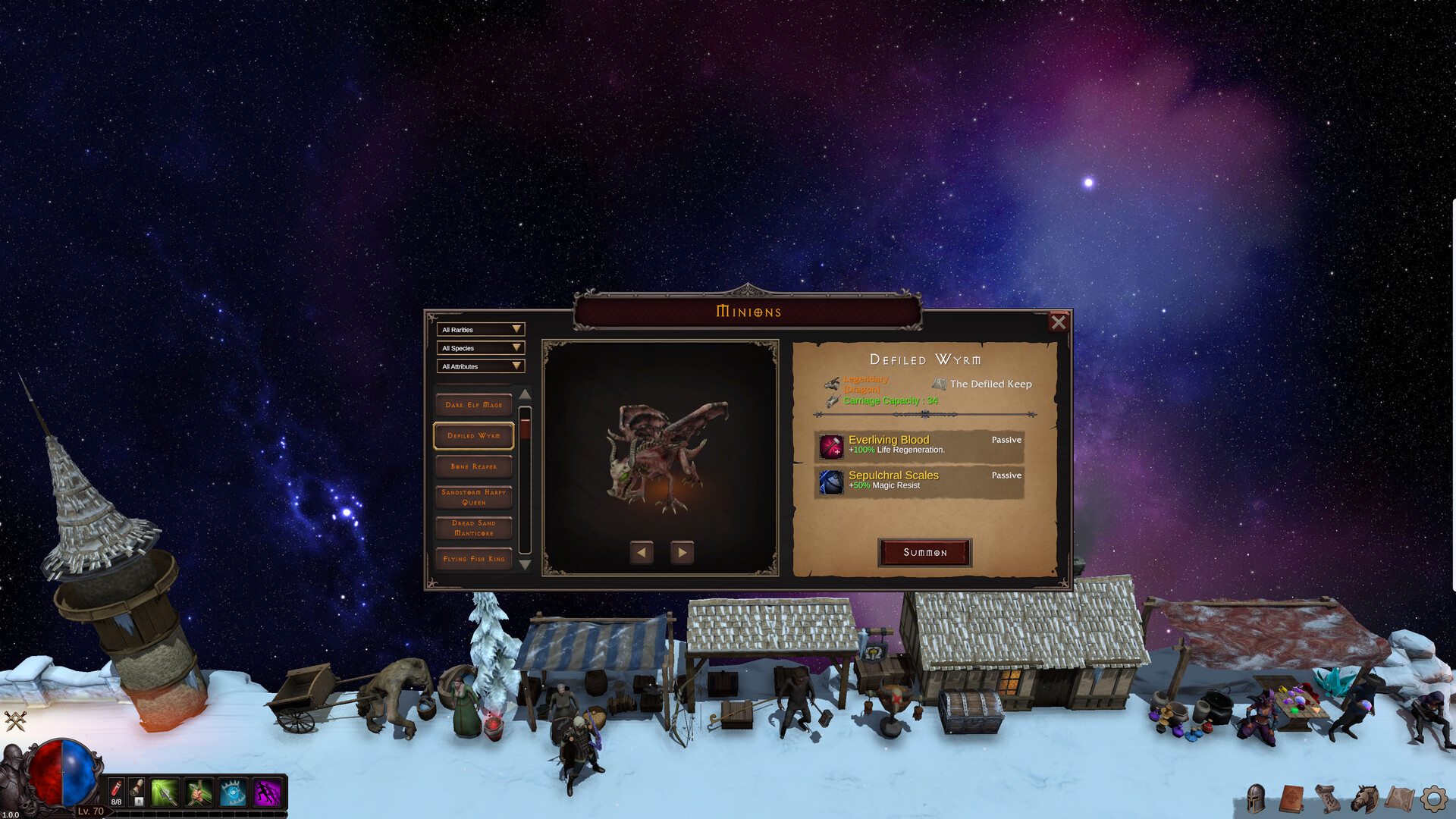 Deskrawl Minions menu displaying Defiled Wyrm beside the creature list.