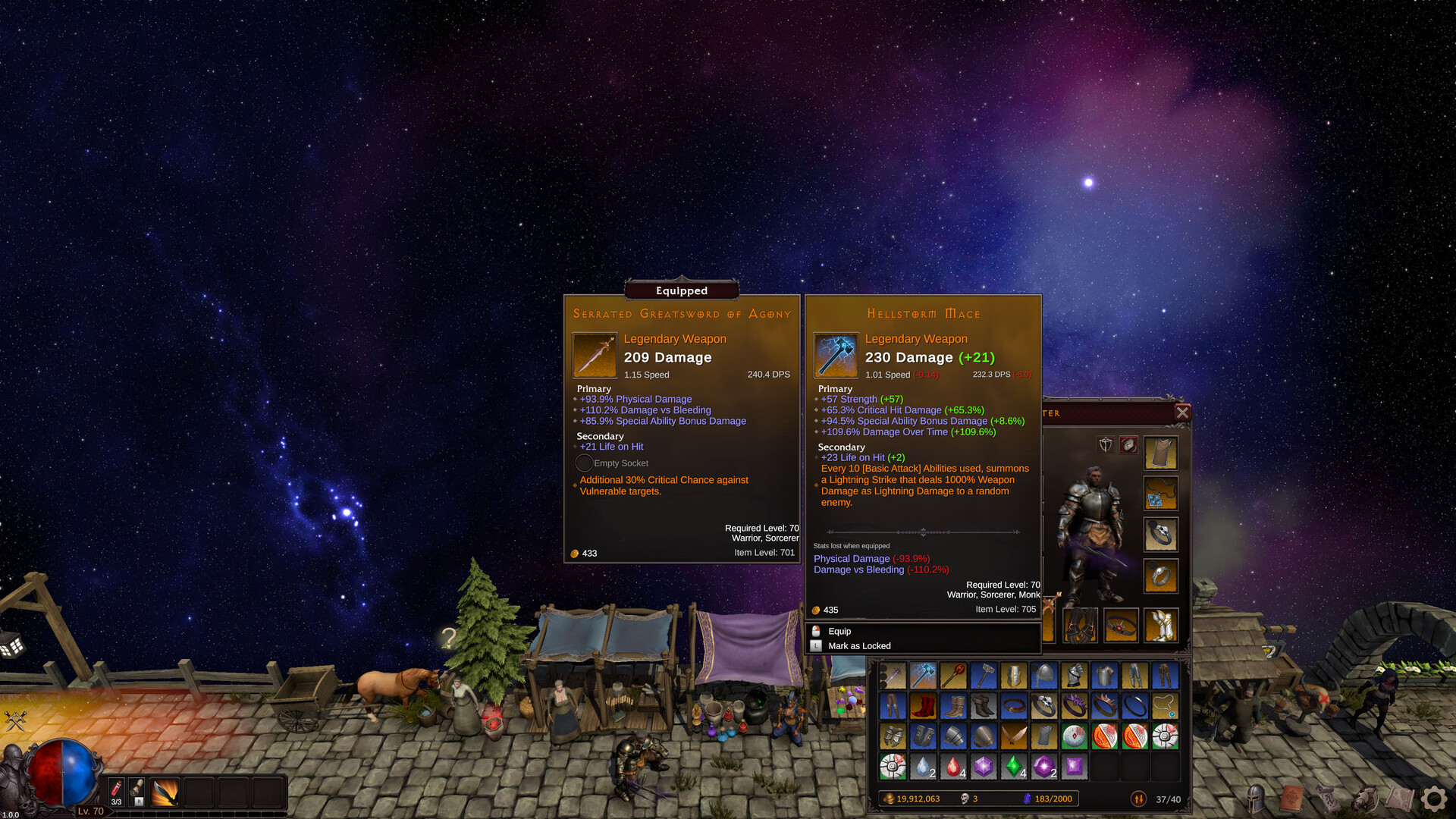 Two weapon tooltips displayed beside the inventory.